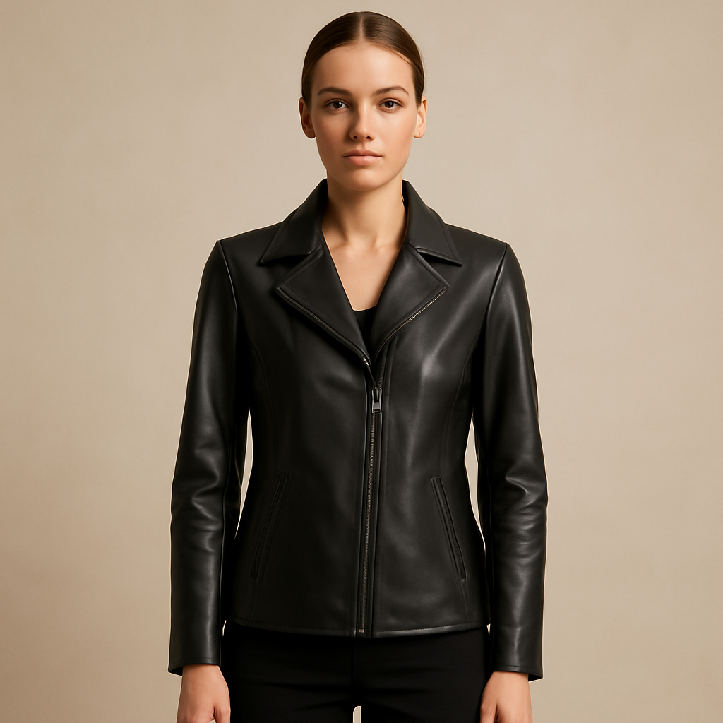 Women's Black Vegan Leather Jacket with Front Zipper and Lapel Collar