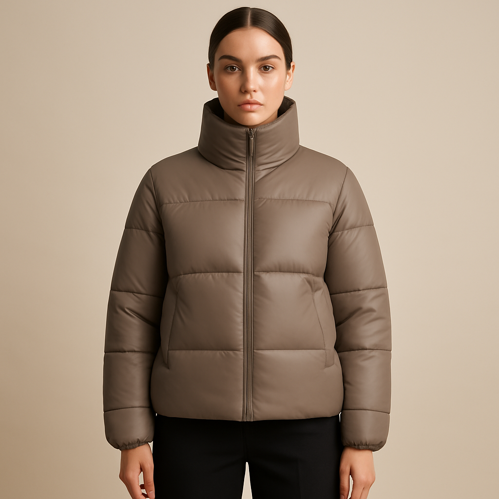Women's Taupe Puffer Jacket with High Collar and Front Zipper