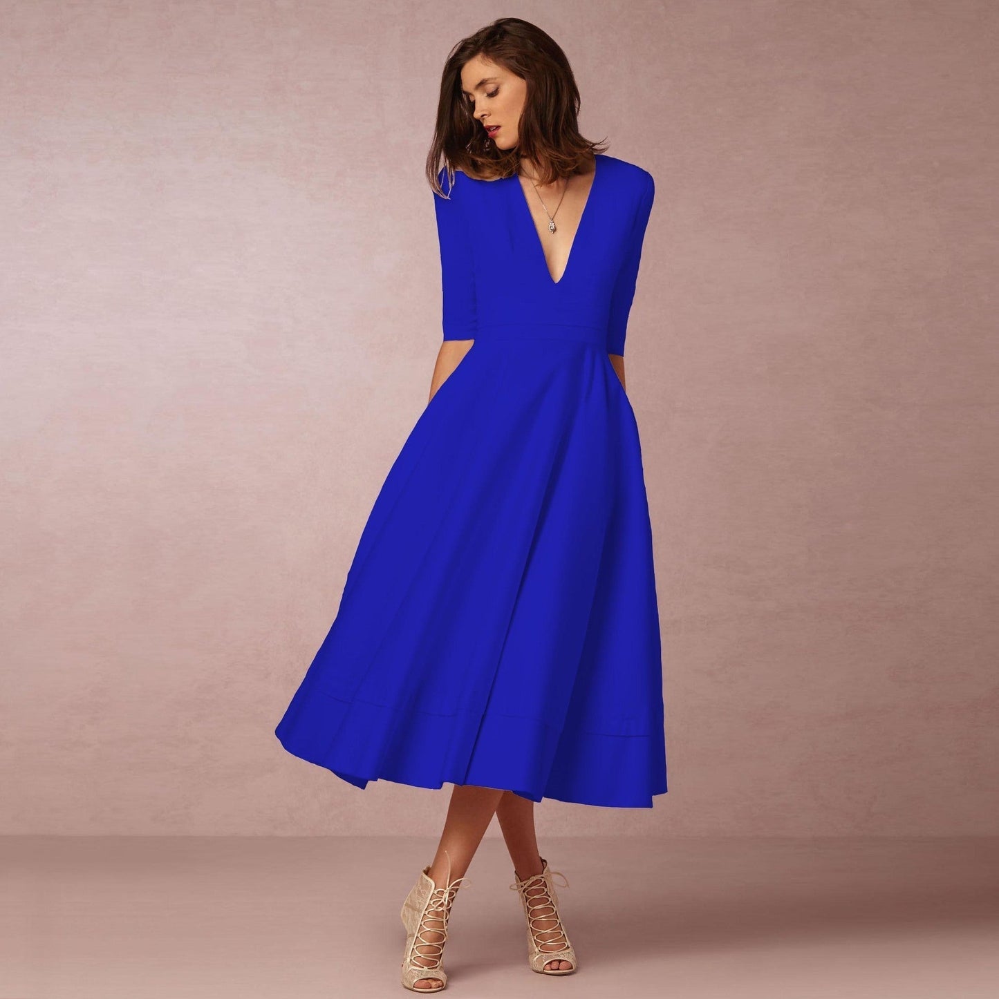 Magdalena – Flared Deep V-Neck Midi Dress for Women
