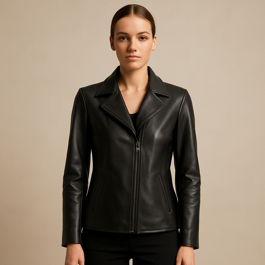 Women's Black Vegan Leather Jacket with Front Zipper and Lapel Collar