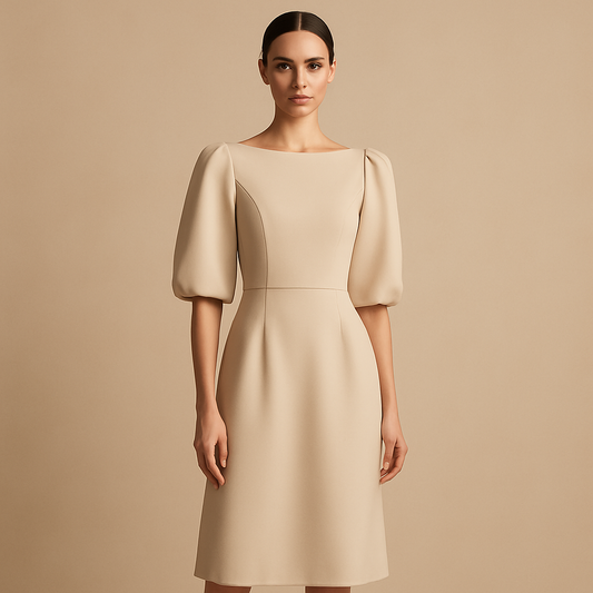 Women's Beige Midi Dress with Puff Sleeves and Straight Silhouette