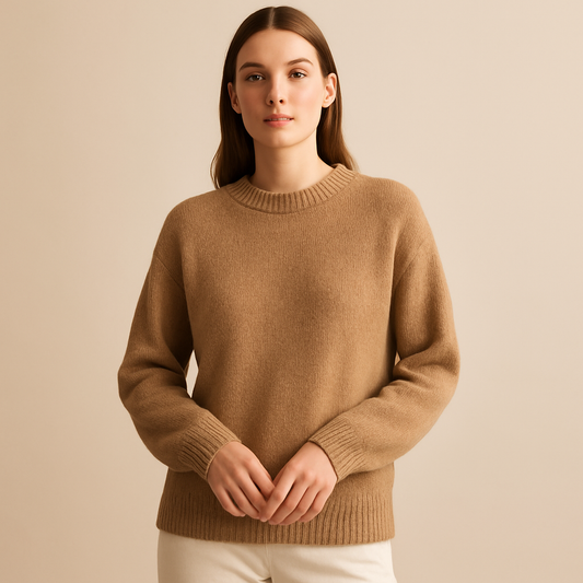 Women's Camel Knit Sweater with Long Sleeves and Crew Neck