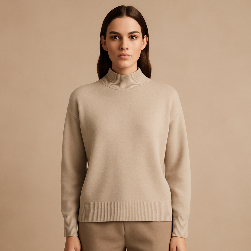Women's Beige Mock Neck Sweater with Long Sleeves