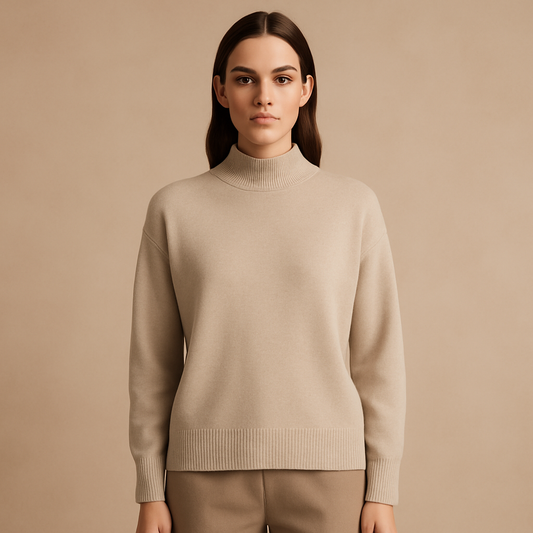 Women's Beige Mock Neck Sweater with Long Sleeves