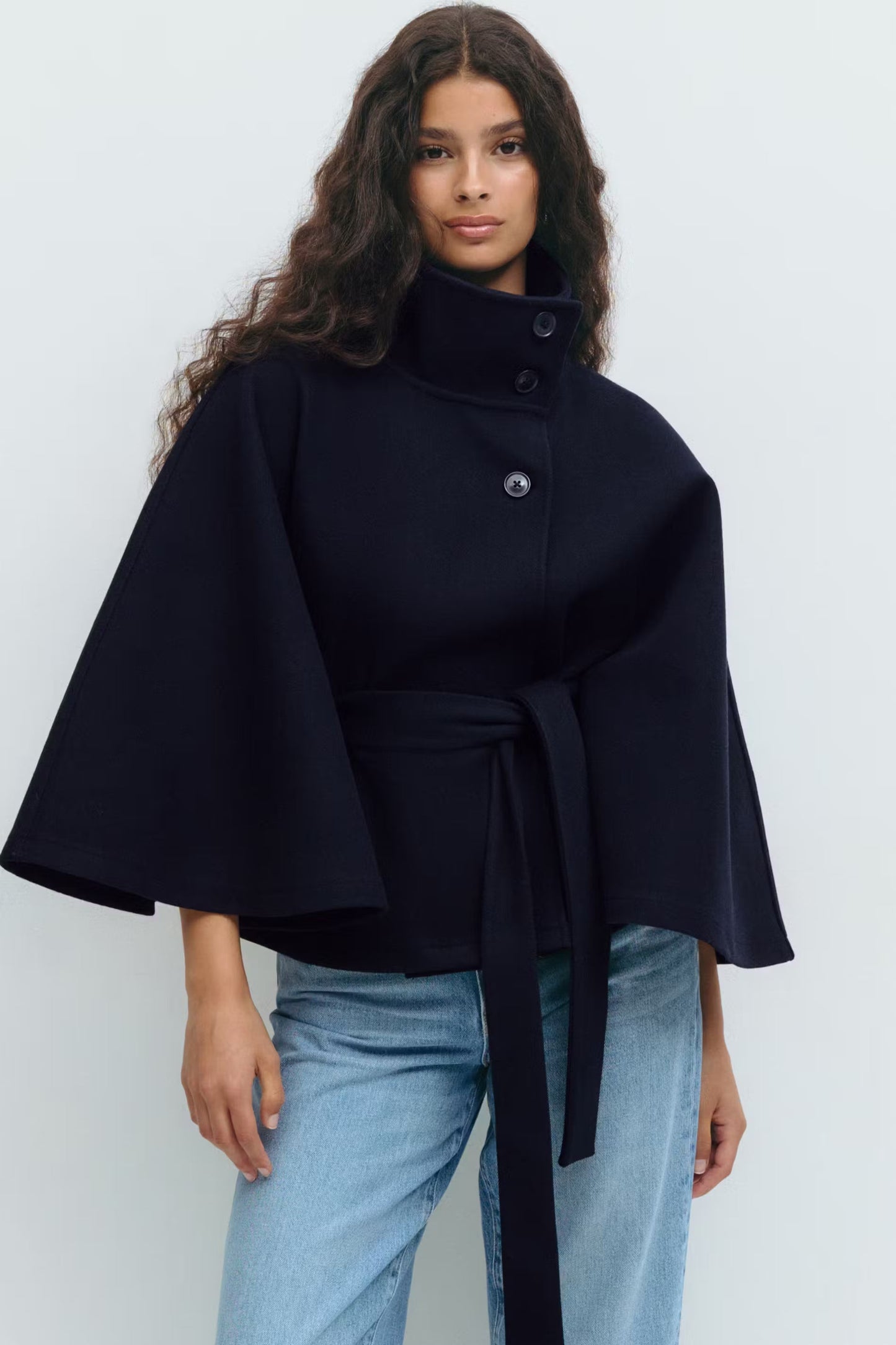 Isabelle – Modern High-Neck Belted Cape Jacket for Women
