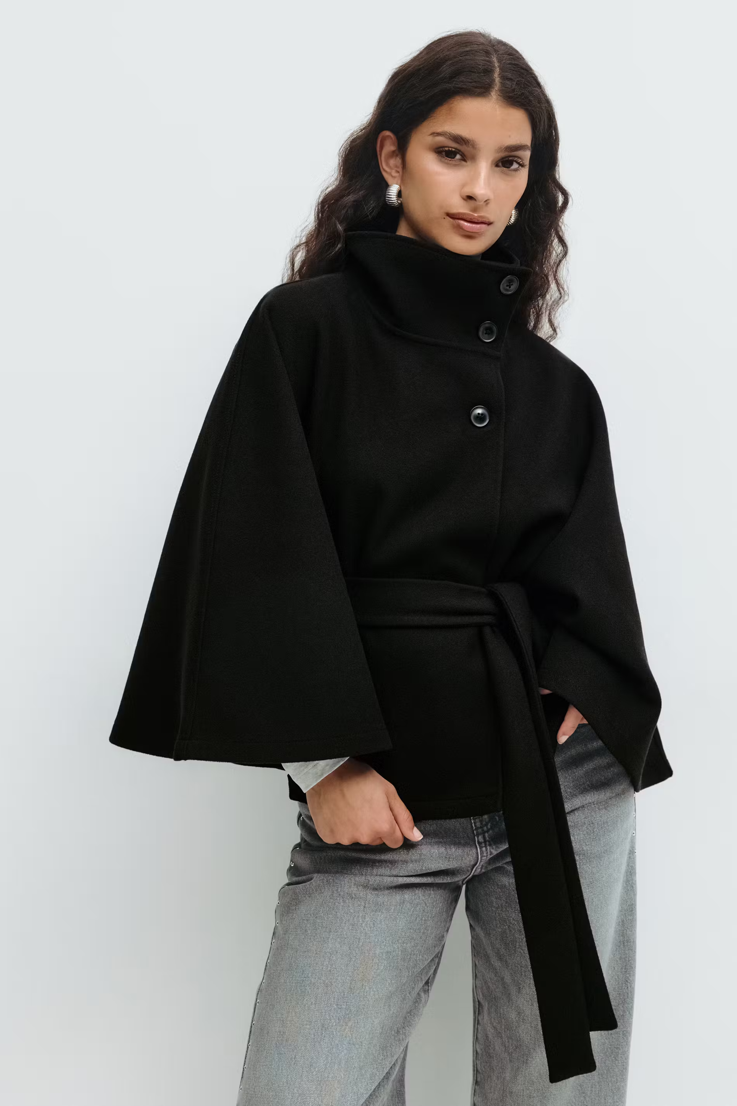 Isabelle – Modern High-Neck Belted Cape Jacket for Women